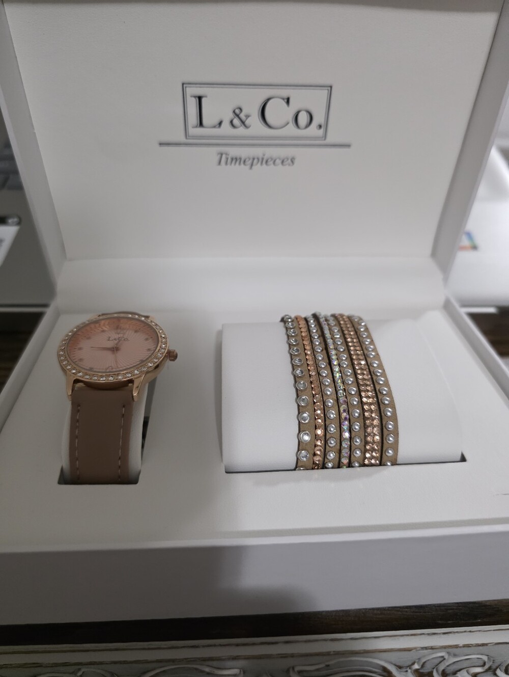 Women's Rose Gold Watch and Nude Crystal Bracelet Set